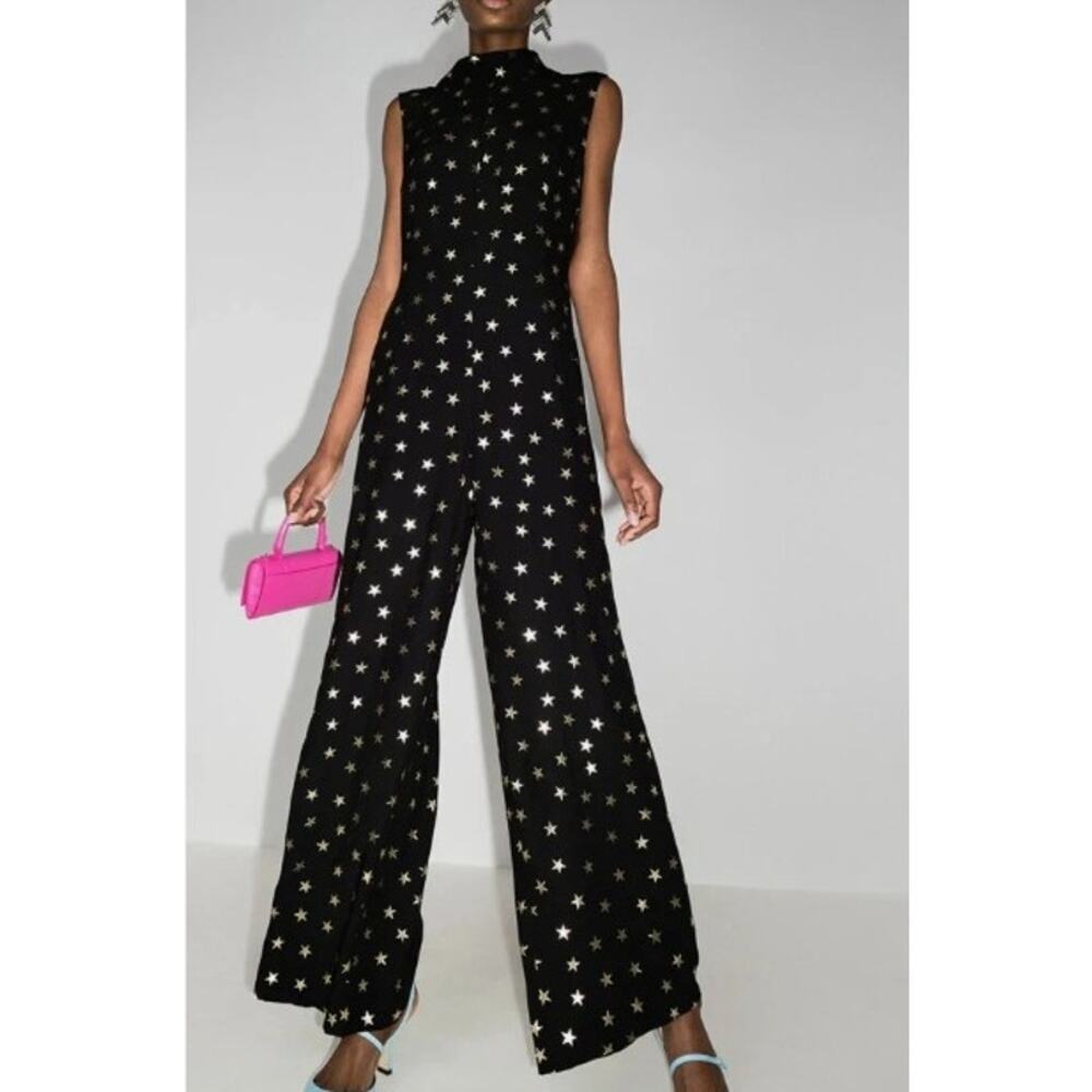 NEW RIXO Frankie Jumpsuit Black in Gold Foil Star XS Party New Year Christmas